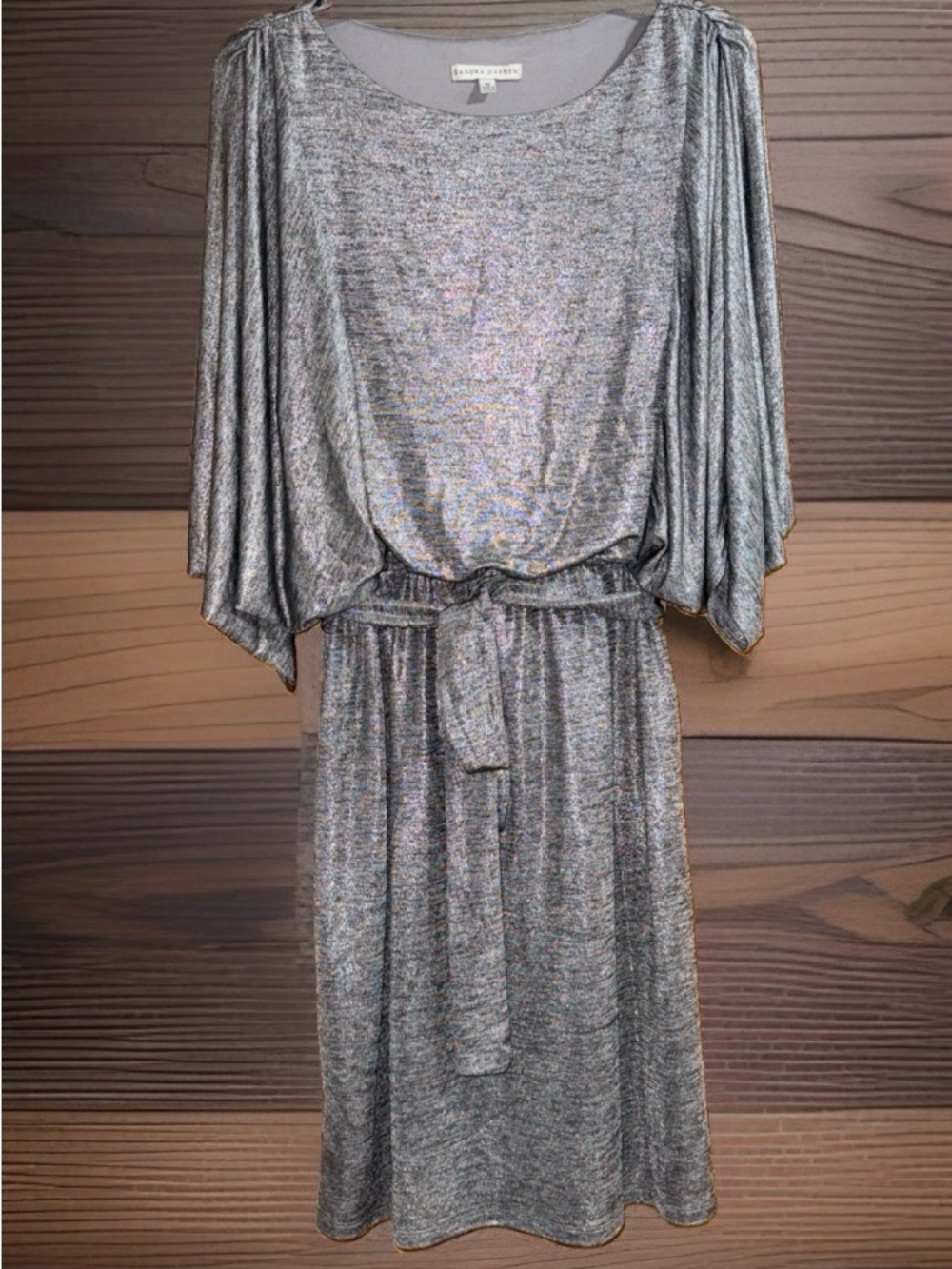Sandra Darren Silver Metallic Knit Midi Dress w/Tie Belt & Dolman Sleeves-12-EC